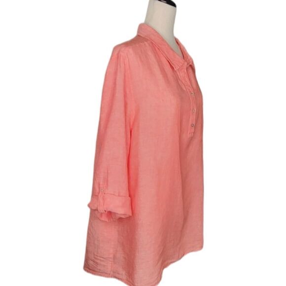 Jones & Co Jones New York Coral Half Button Down Roll Tab Sleeve Linen Tunic Top - Picture 2 of 6